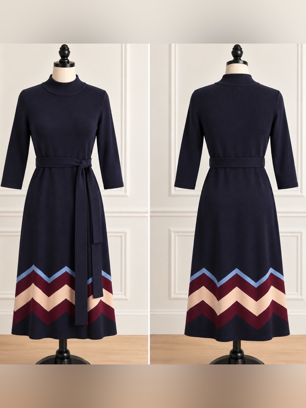 Vince Camuto Navy Midi Dress with Chevron Hem